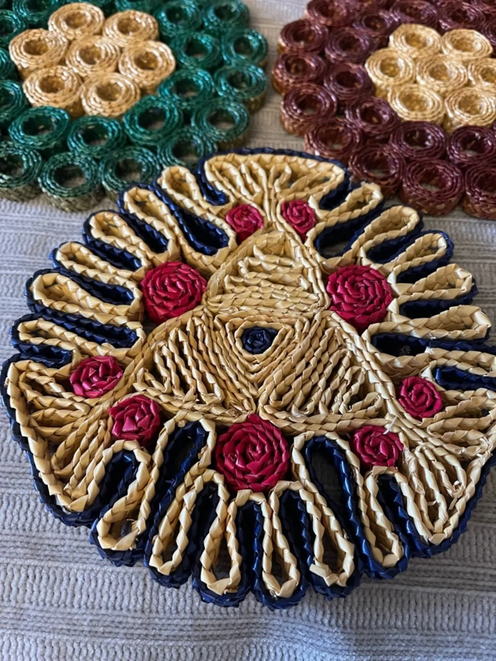 Vintage Handmade Woven Floral Trivets - Green, Burgundy, Gold